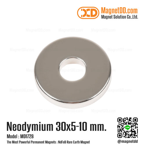 แม่เหล็กแรงสูง Neodymium ขนาด 30mm x 5mm วงใน 10mm
