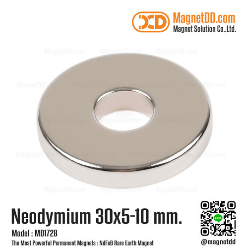 แม่เหล็กแรงสูง Neodymium ขนาด 30mm x 5mm วงใน 10mm