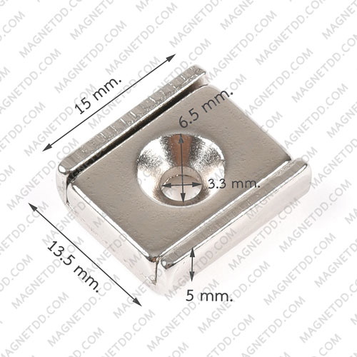 Mounting Magnet สี่เหลี่ยม 15mm x 13.5mm x 5mm รู 3.3mm แม่เหล็กถาวรนีโอไดเมี่ยม NdFeB (Neodymium)