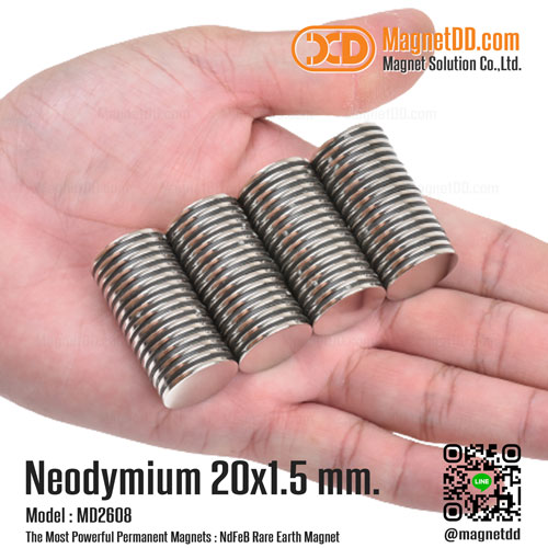 แม่เหล็กแรงสูง Neodymium ขนาด 20mm x 1.5mm ขายแม่เหล็กกลม