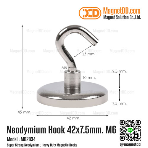 ชุดตะขอแม่เหล็กสูง Neodymium ขนาด 42mm x 7.5mm ตะขอแม่เหล็กแรงสูง
