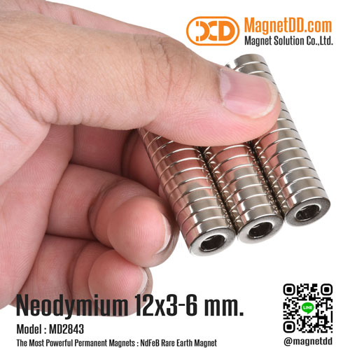 แม่เหล็กแรงสูง Neodymium ขนาด 12mm x 3mm วงใน 6mm
