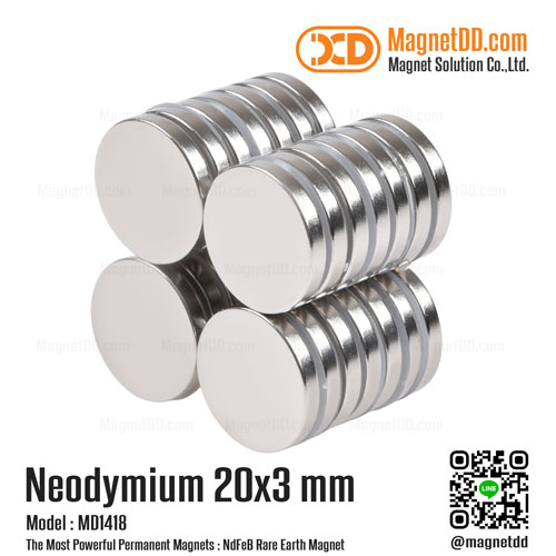 แม่เหล็กแรงสูง Neodymium ขนาด 20mm x 3mm เหล็กดูดกลมแบนแรงสูง